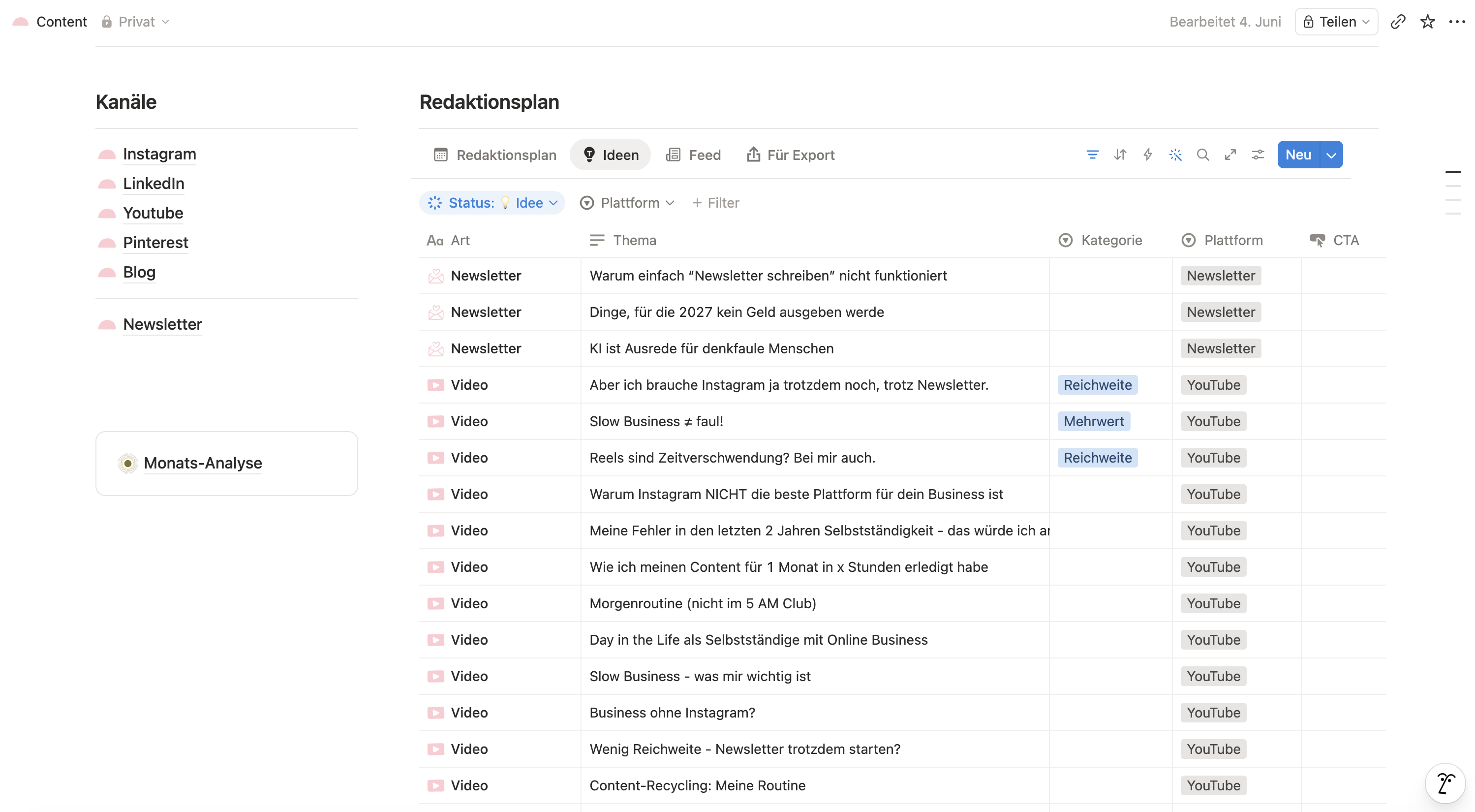 Screenshot der Ideenliste im Notion Planer