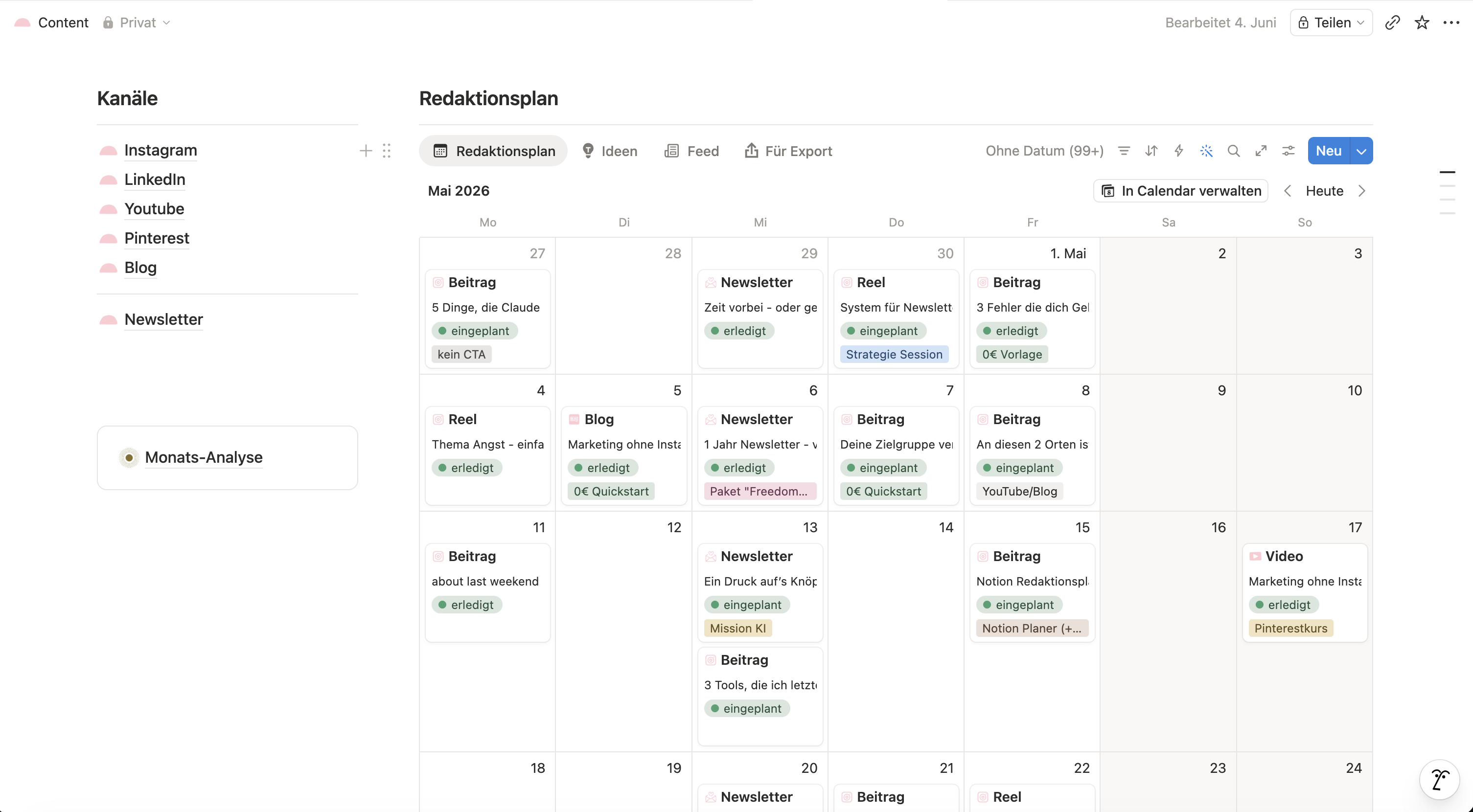 Screenshot des Notion Redaktionsplans
